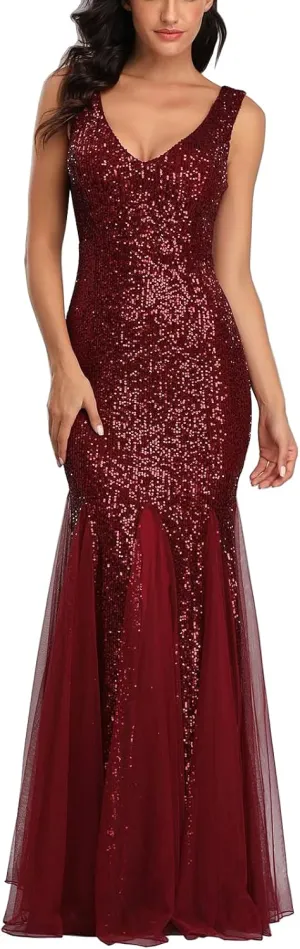 Womens Party Dress Sequins Tulle Sexy V-Neck Long Dress Sleeveless Formal Evening Prom Gowns