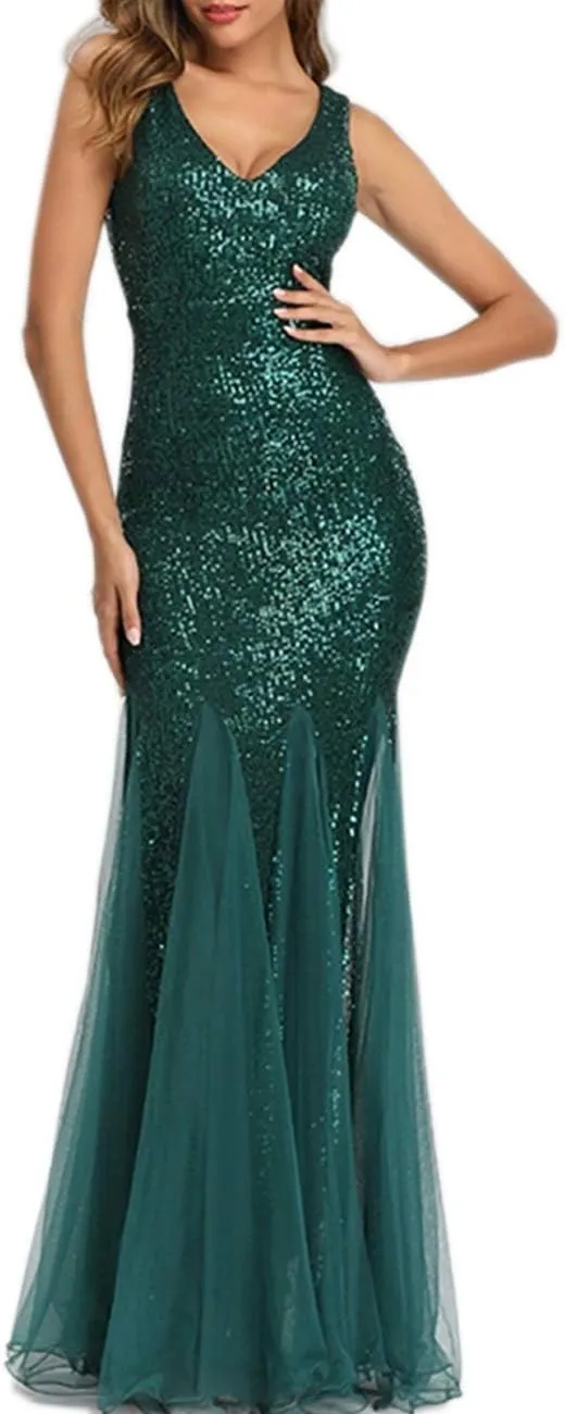 Womens Party Dress Sequins Tulle Sexy V-Neck Long Dress Sleeveless Formal Evening Prom Gowns