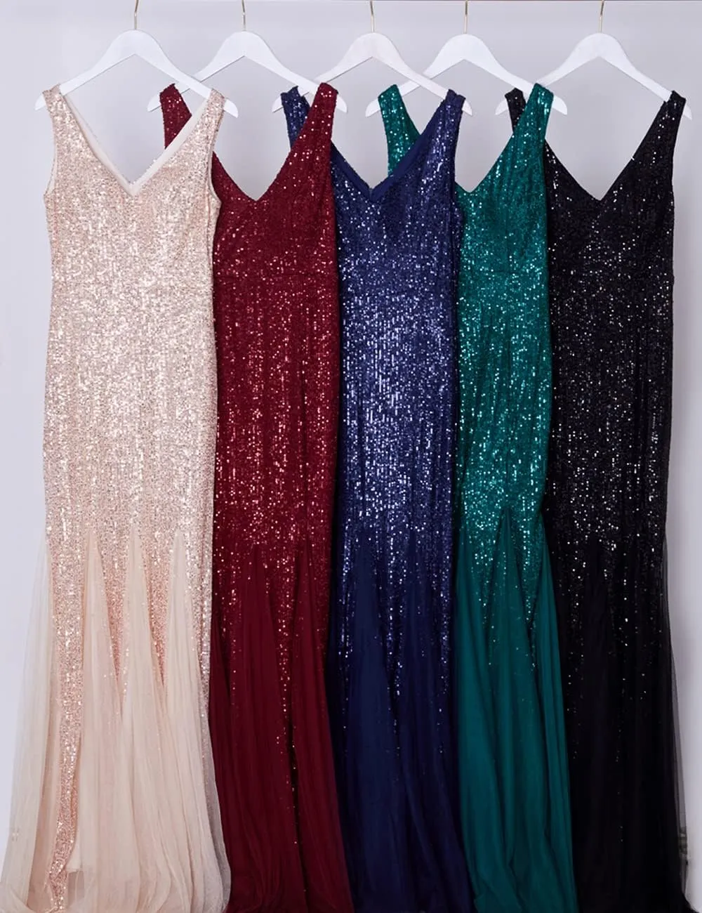 Womens Party Dress Sequins Tulle Sexy V-Neck Long Dress Sleeveless Formal Evening Prom Gowns
