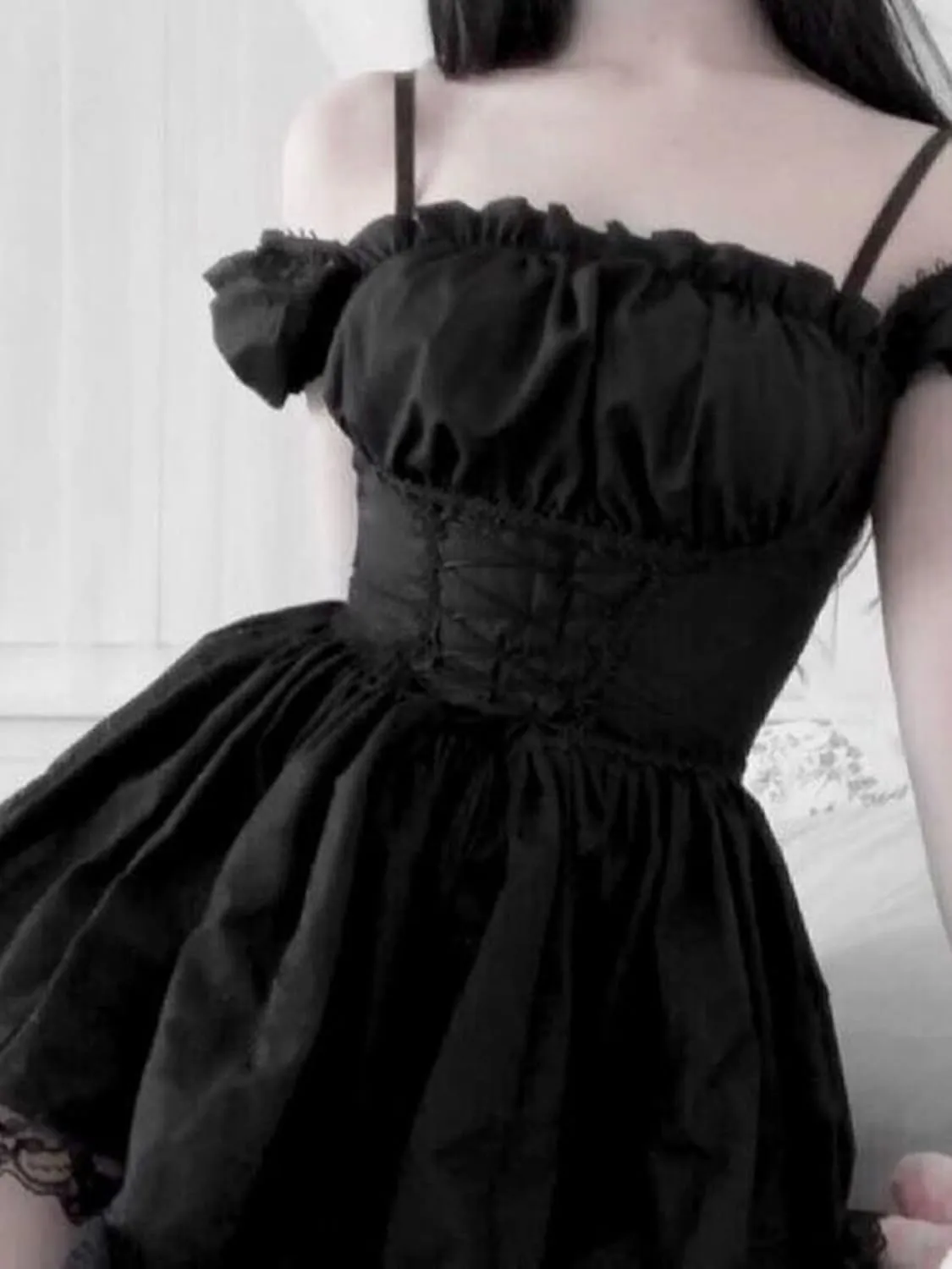 Women's Party Mesh Grunge Dress Tulle Ruffle Spaghetti Strap A Line Mini Dress
