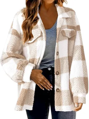 Womens Plaid Flannel Fleece Jackets 2024 Winter Sherpa Shackets Long Sleeve Button Down Coats Shirt Casual Jacket