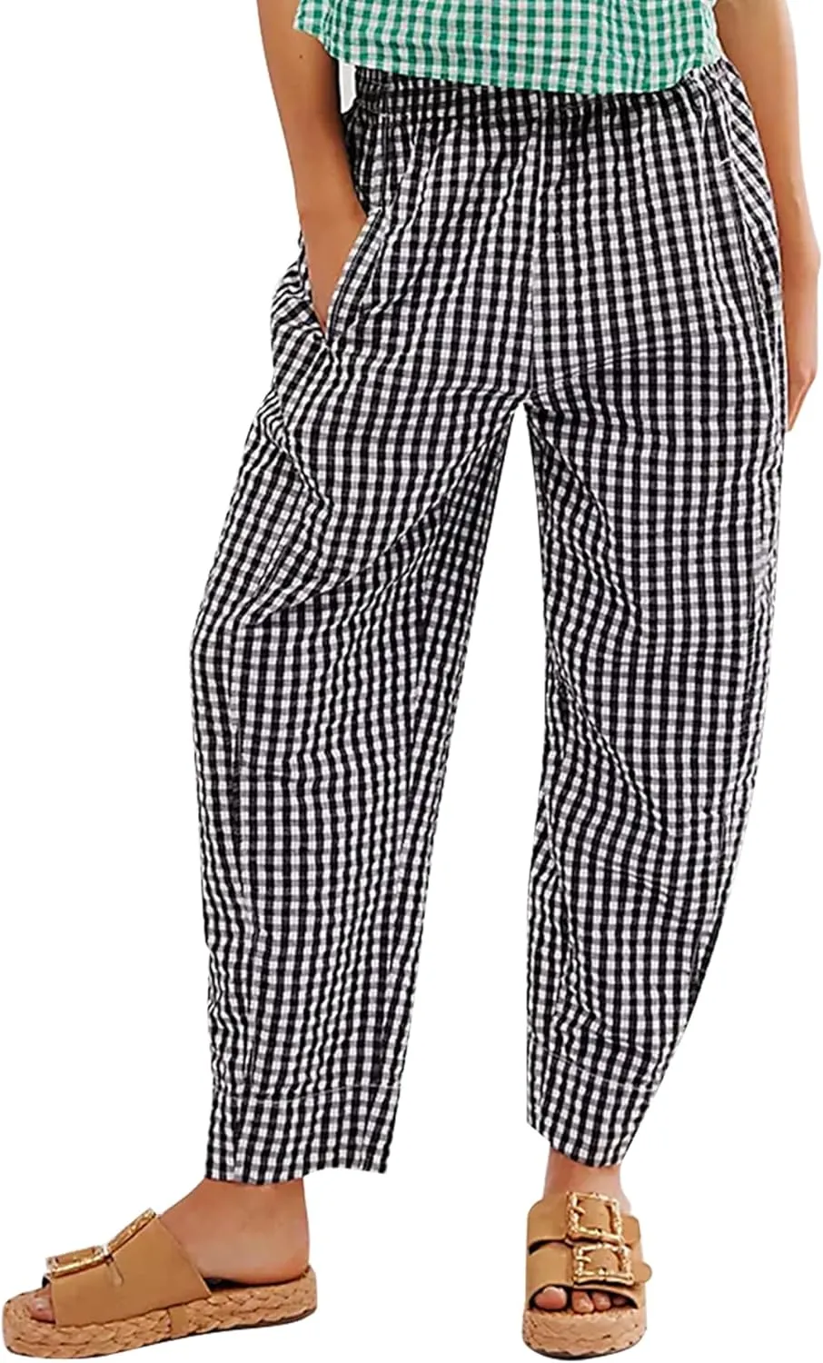 Women's Plaid Pant Gingham Lounge Pants Wide Leg Mid Rise Elastic Waist Checkered Long Trousers with Pockets