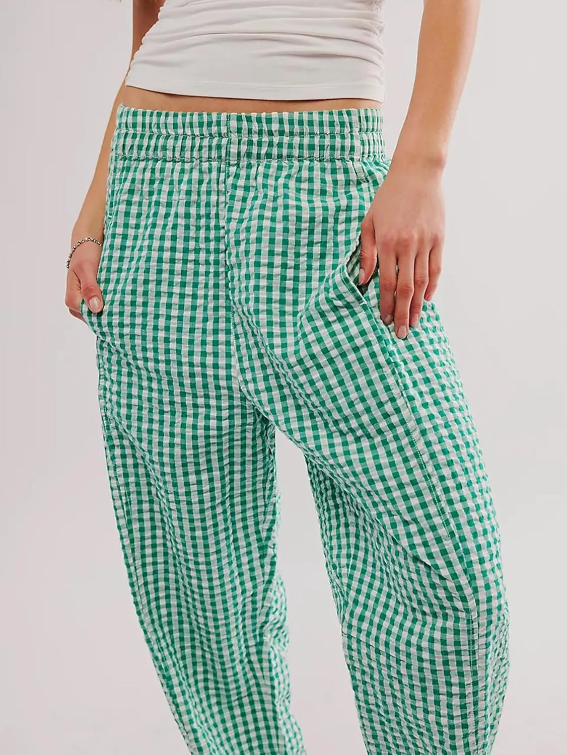 Women's Plaid Pant Gingham Lounge Pants Wide Leg Mid Rise Elastic Waist Checkered Long Trousers with Pockets