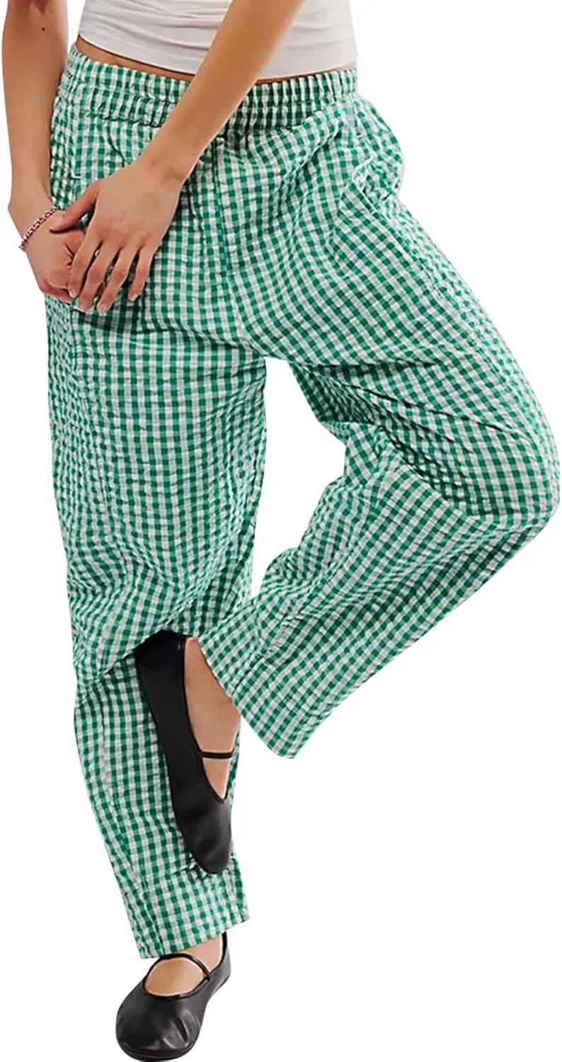 Women's Plaid Pant Gingham Lounge Pants Wide Leg Mid Rise Elastic Waist Checkered Long Trousers with Pockets