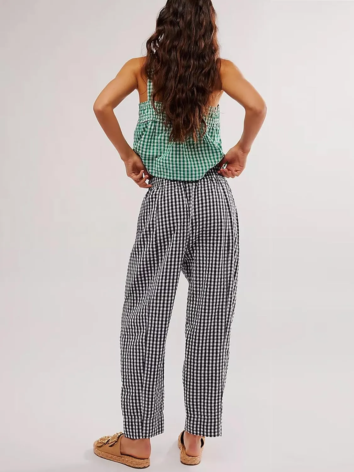 Women's Plaid Pant Gingham Lounge Pants Wide Leg Mid Rise Elastic Waist Checkered Long Trousers with Pockets