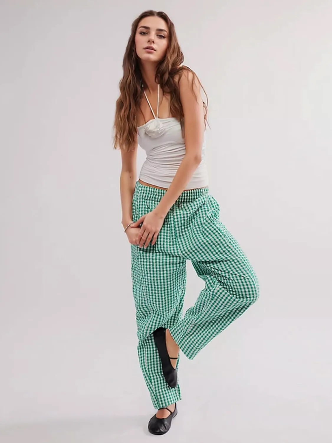Women's Plaid Pant Gingham Lounge Pants Wide Leg Mid Rise Elastic Waist Checkered Long Trousers with Pockets