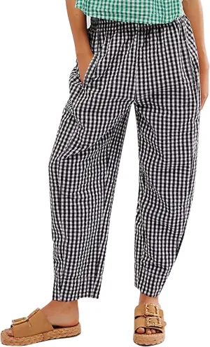 Women's Plaid Pant Gingham Lounge Pants Wide Leg Mid Rise Elastic Waist Checkered Long Trousers with Pockets