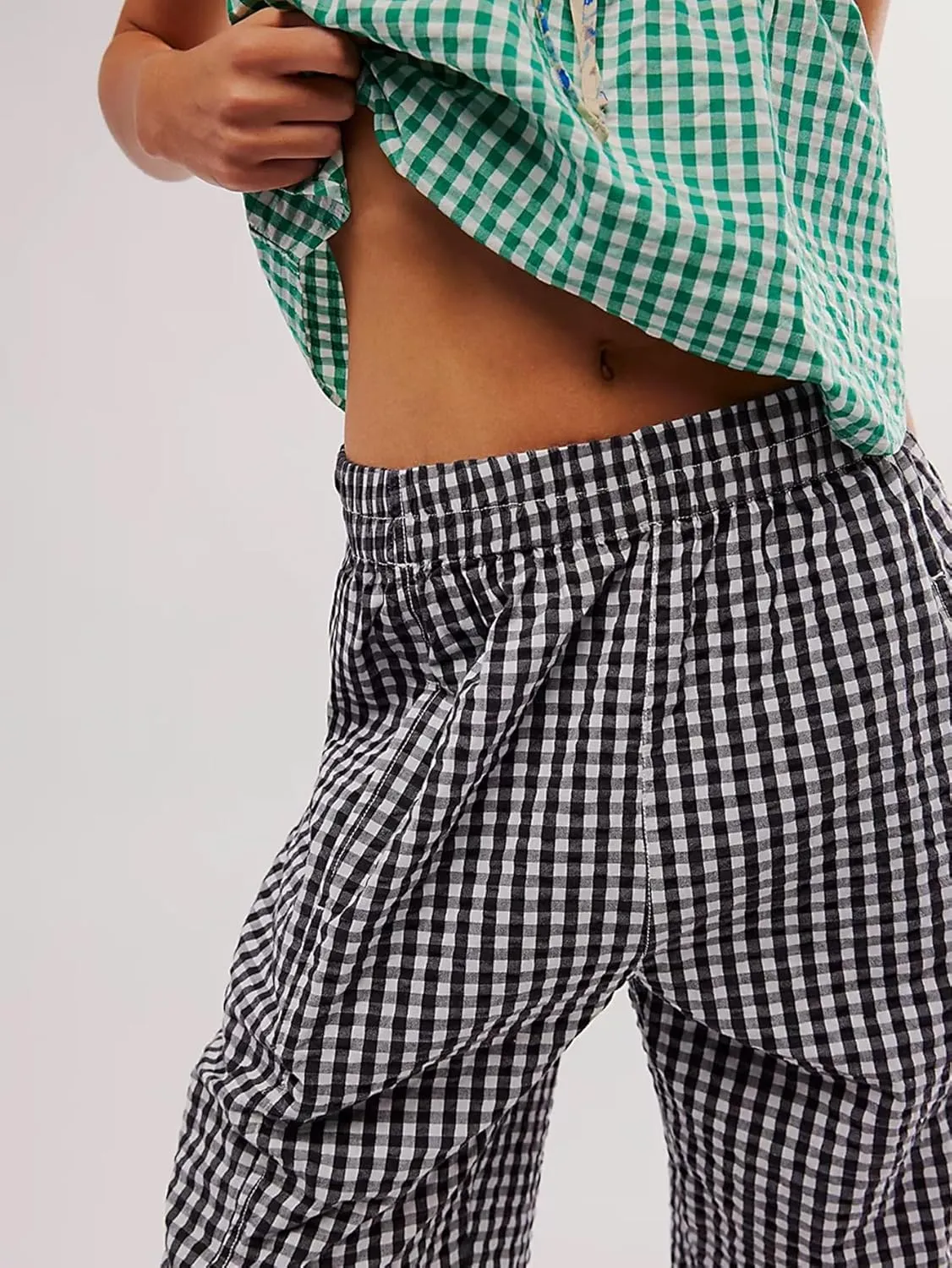 Women's Plaid Pant Gingham Lounge Pants Wide Leg Mid Rise Elastic Waist Checkered Long Trousers with Pockets