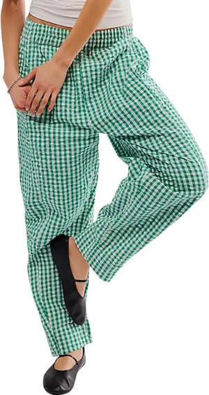 Women's Plaid Pant Gingham Lounge Pants Wide Leg Mid Rise Elastic Waist Checkered Long Trousers with Pockets