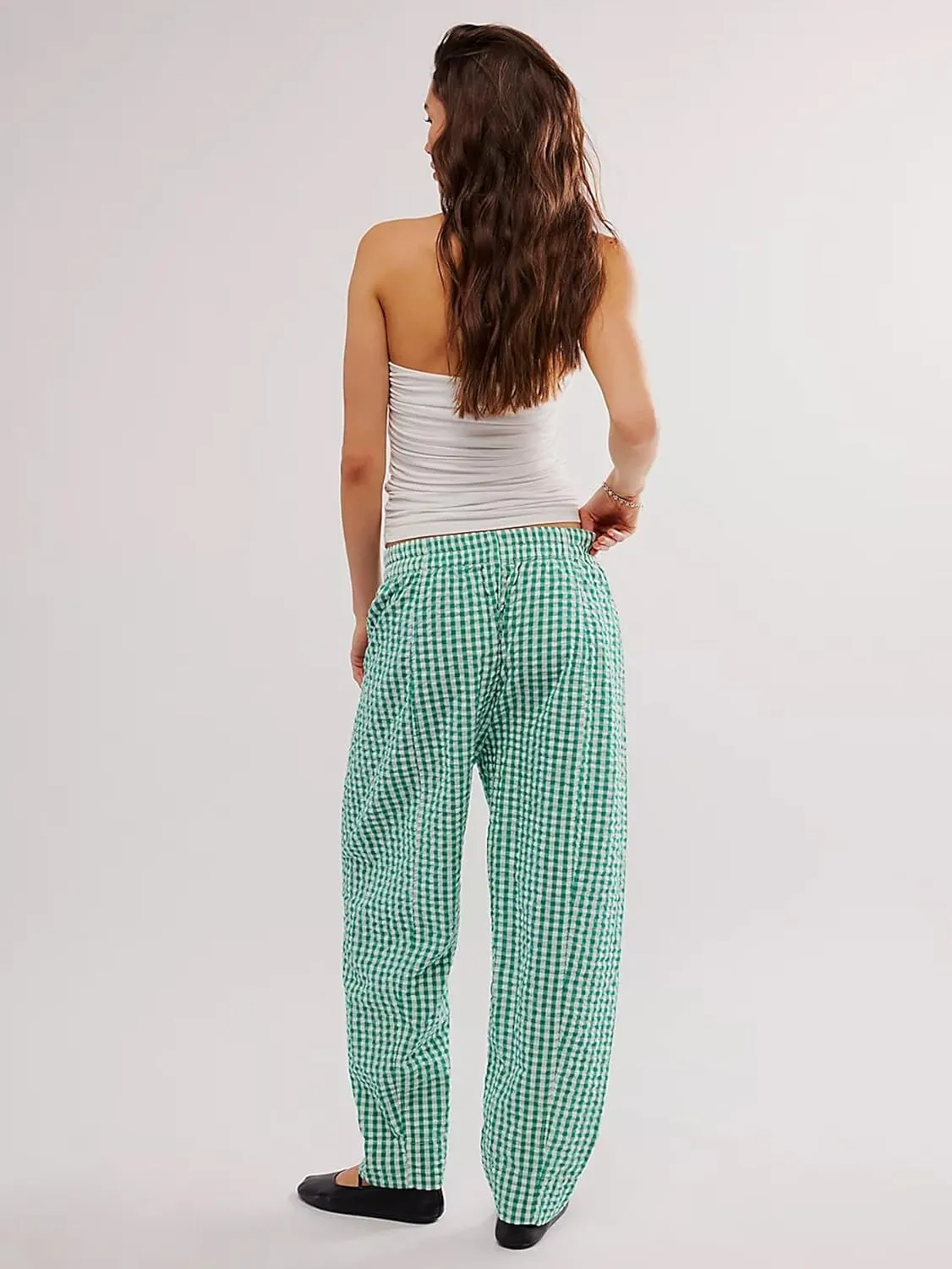 Women's Plaid Pant Gingham Lounge Pants Wide Leg Mid Rise Elastic Waist Checkered Long Trousers with Pockets