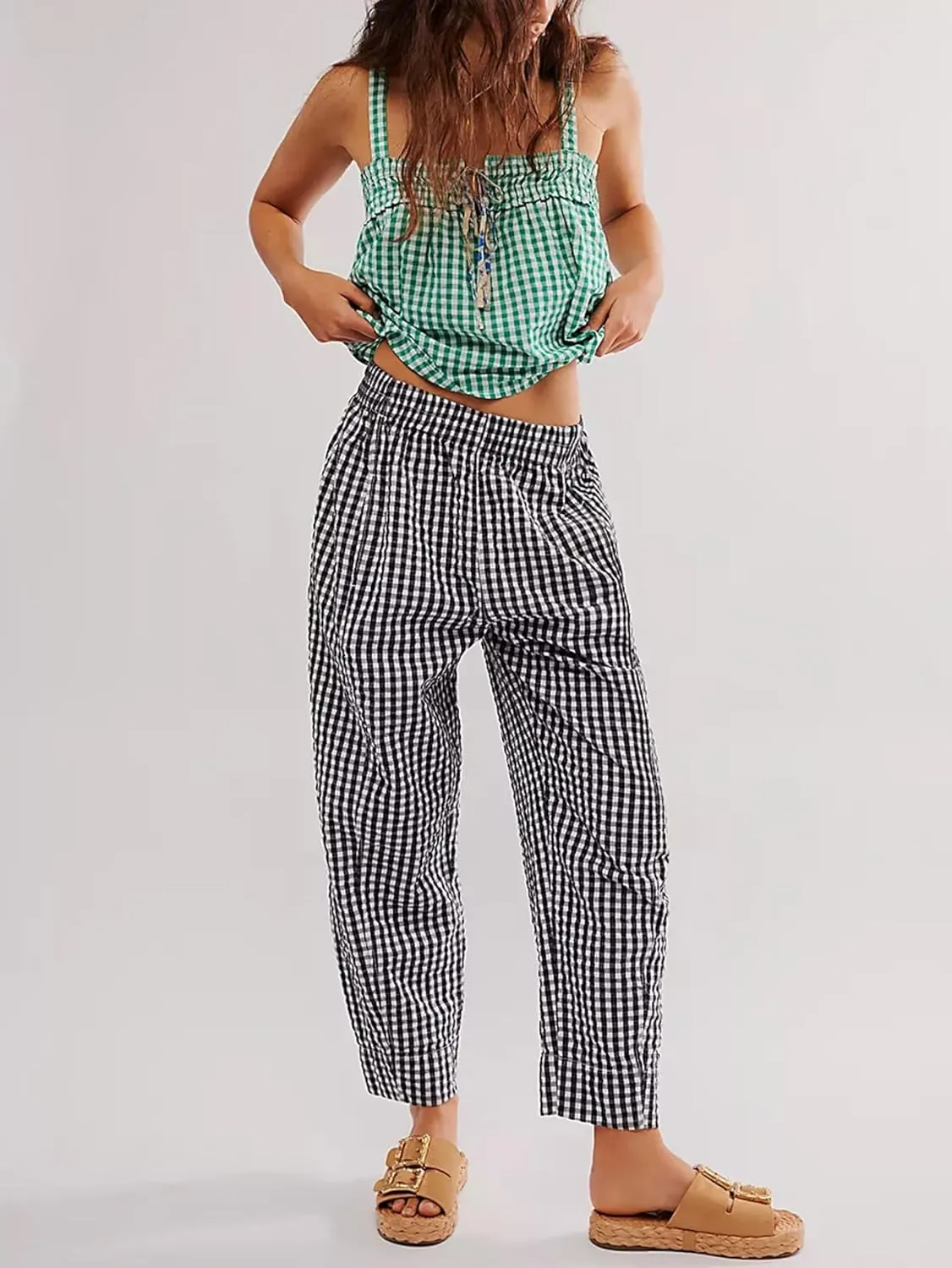 Women's Plaid Pant Gingham Lounge Pants Wide Leg Mid Rise Elastic Waist Checkered Long Trousers with Pockets