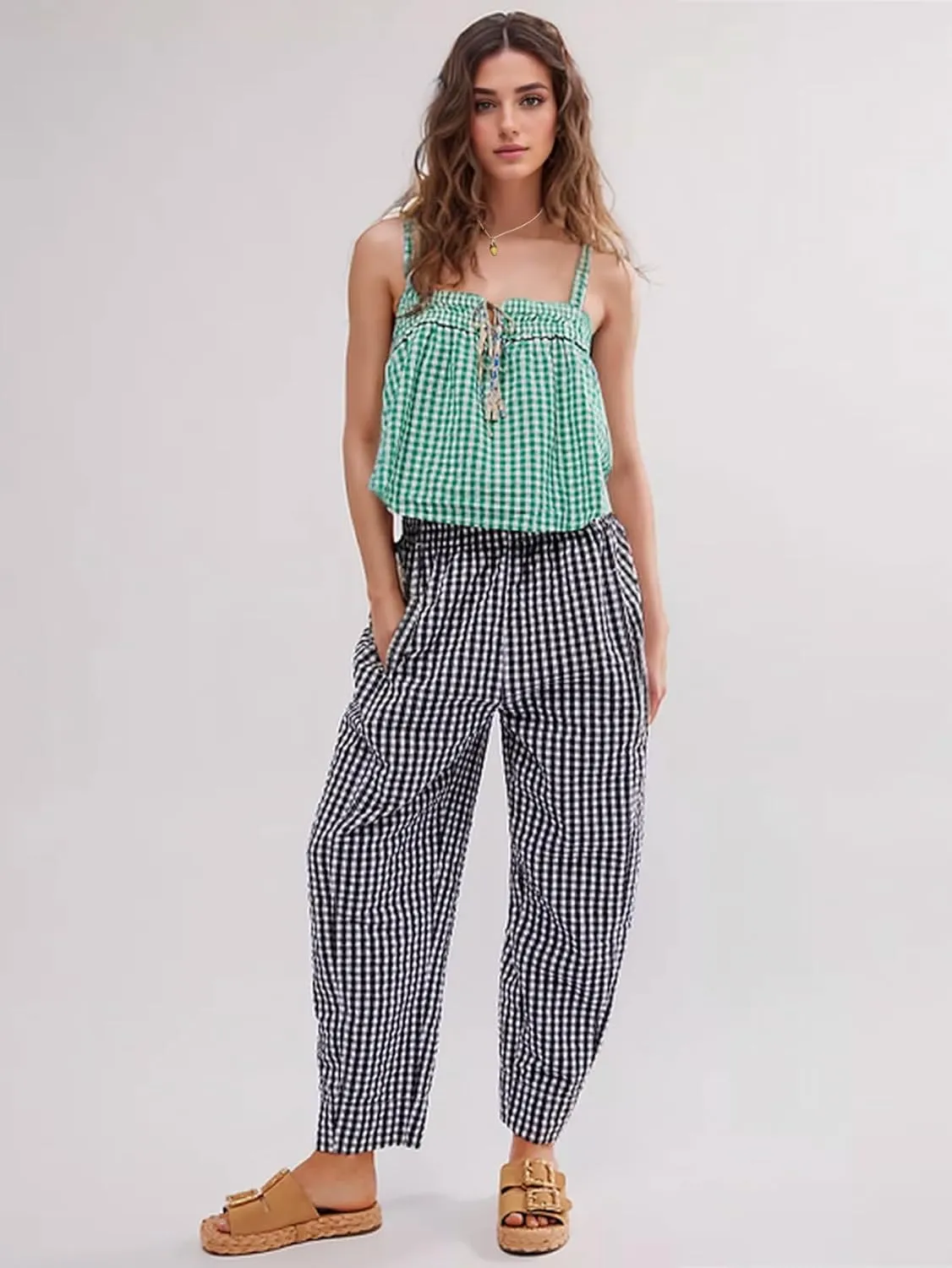 Women's Plaid Pant Gingham Lounge Pants Wide Leg Mid Rise Elastic Waist Checkered Long Trousers with Pockets