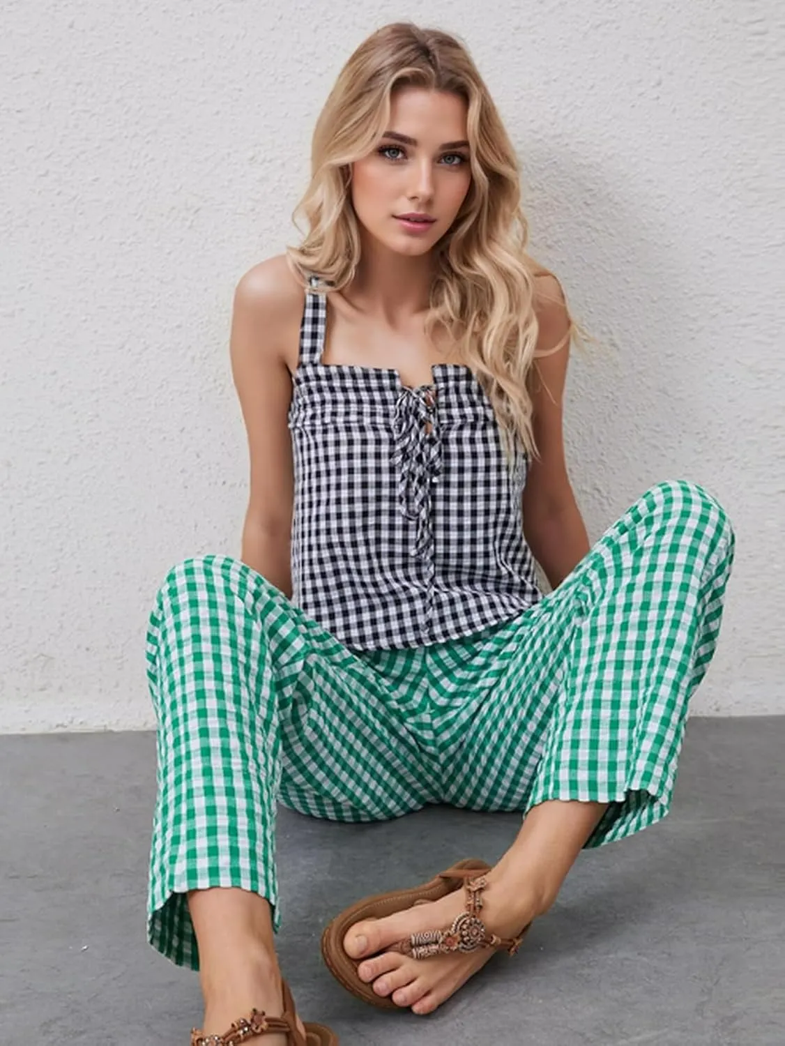 Women's Plaid Pant Gingham Lounge Pants Wide Leg Mid Rise Elastic Waist Checkered Long Trousers with Pockets