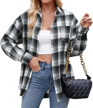 Womens Plaid Shacket Jacket Long Sleeve Button Down Shirts Casual Oversized Blouses With Pocket