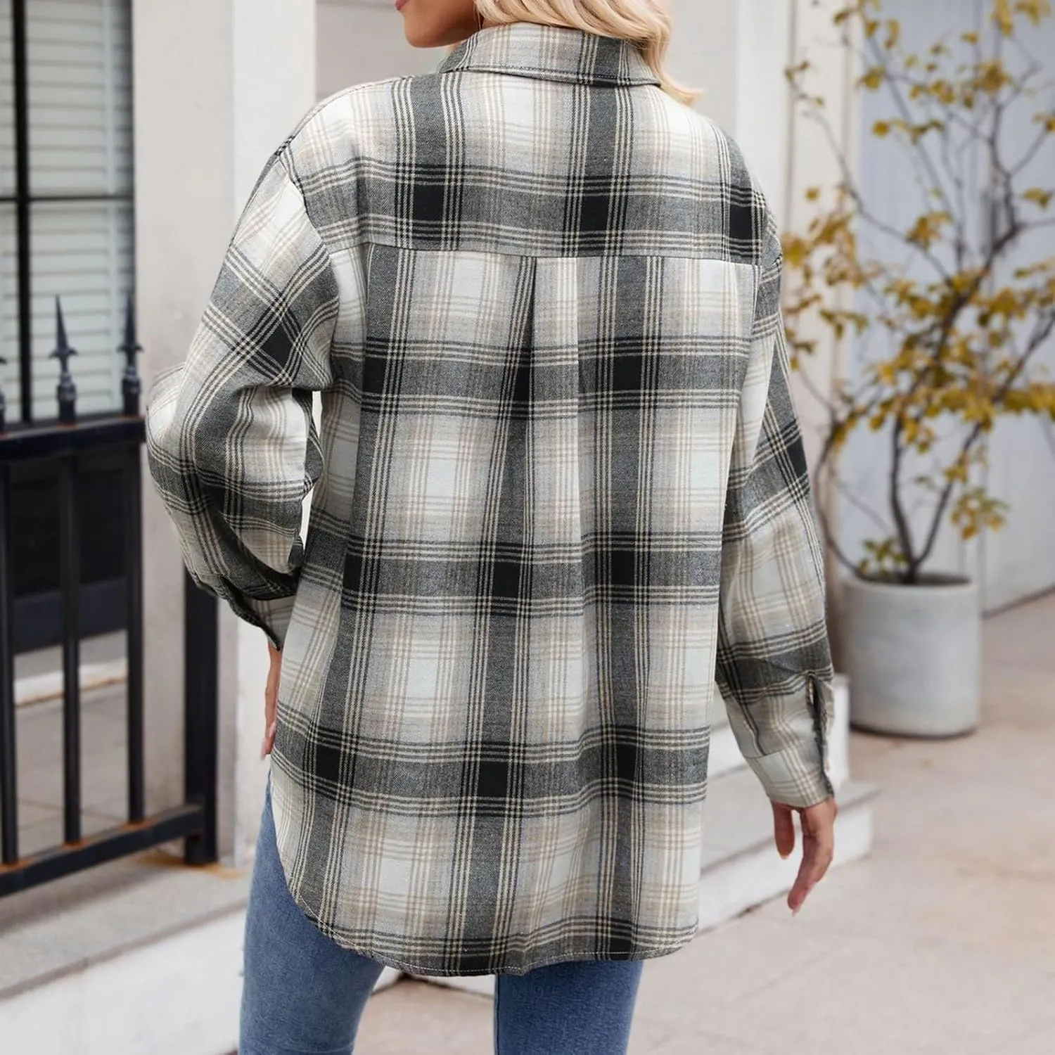 Womens Plaid Shacket Jacket Long Sleeve Button Down Shirts Casual Oversized Blouses With Pocket