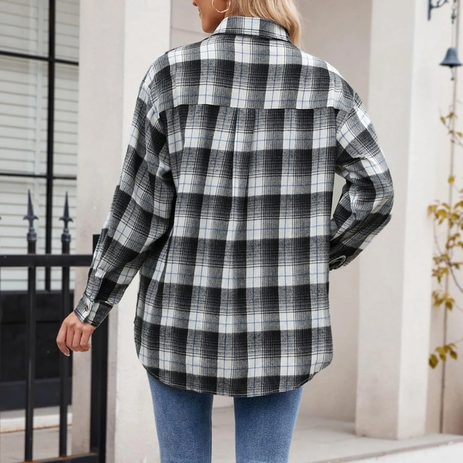Womens Plaid Shacket Jacket Long Sleeve Button Down Shirts Casual Oversized Blouses With Pocket