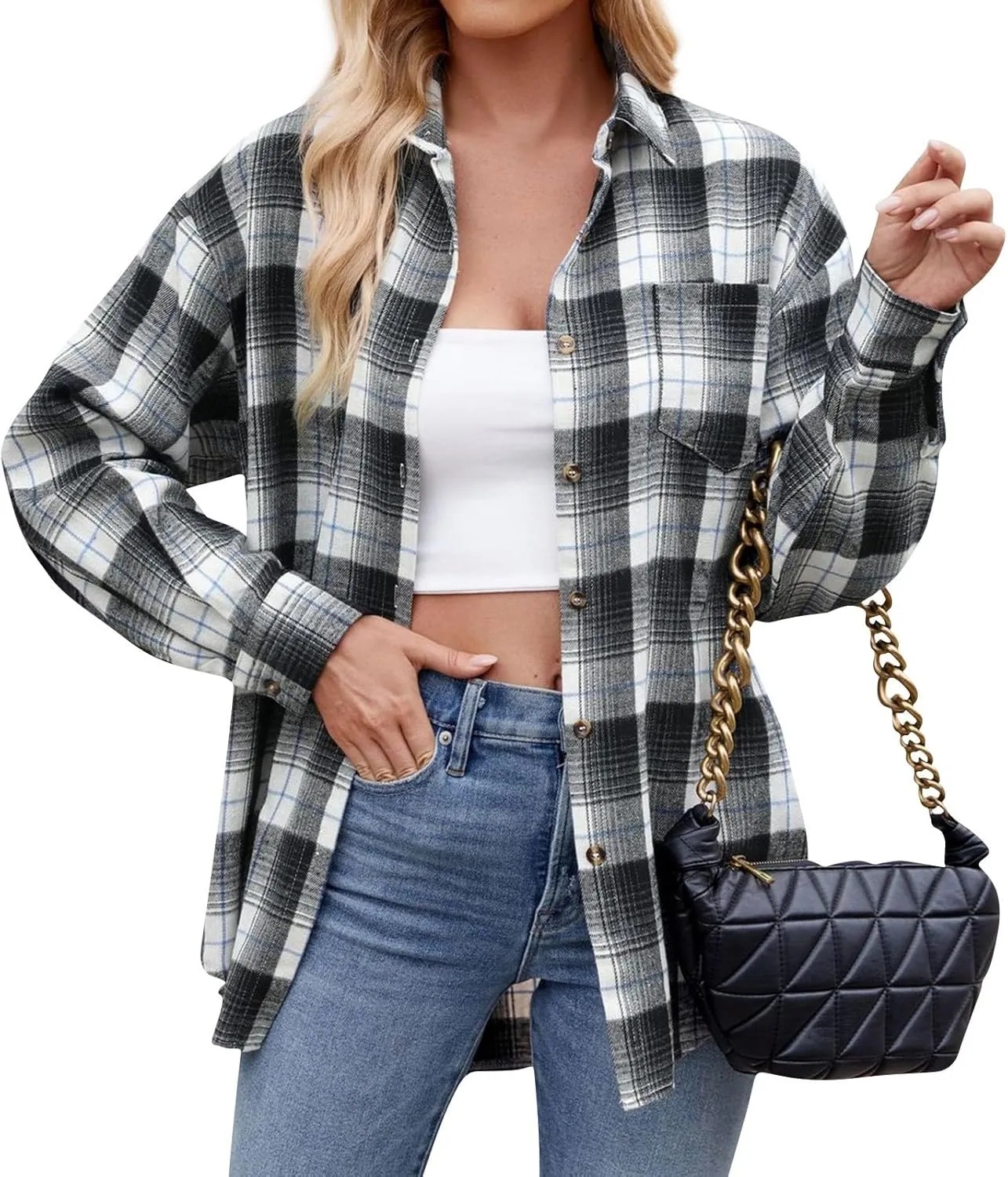 Womens Plaid Shacket Jacket Long Sleeve Button Down Shirts Casual Oversized Blouses With Pocket