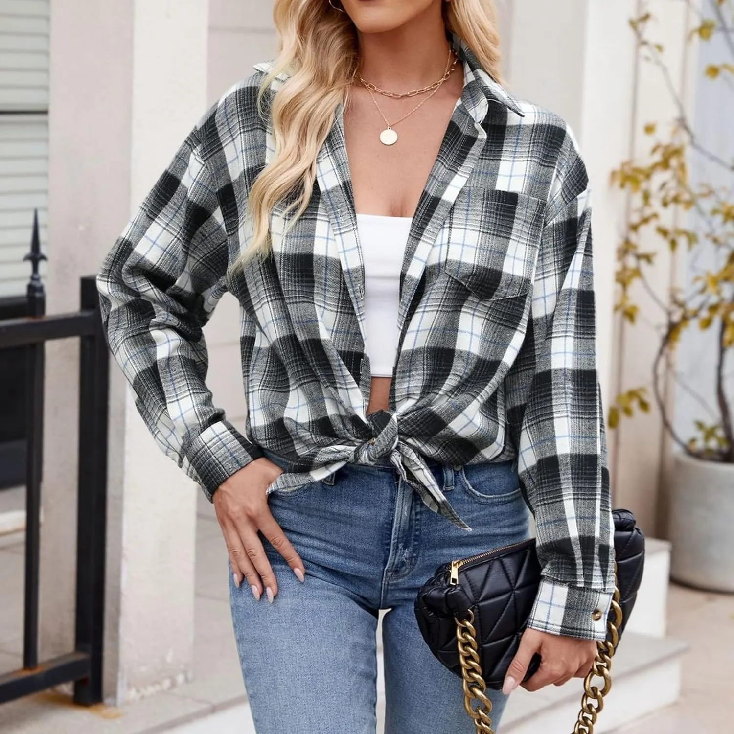 Womens Plaid Shacket Jacket Long Sleeve Button Down Shirts Casual Oversized Blouses With Pocket