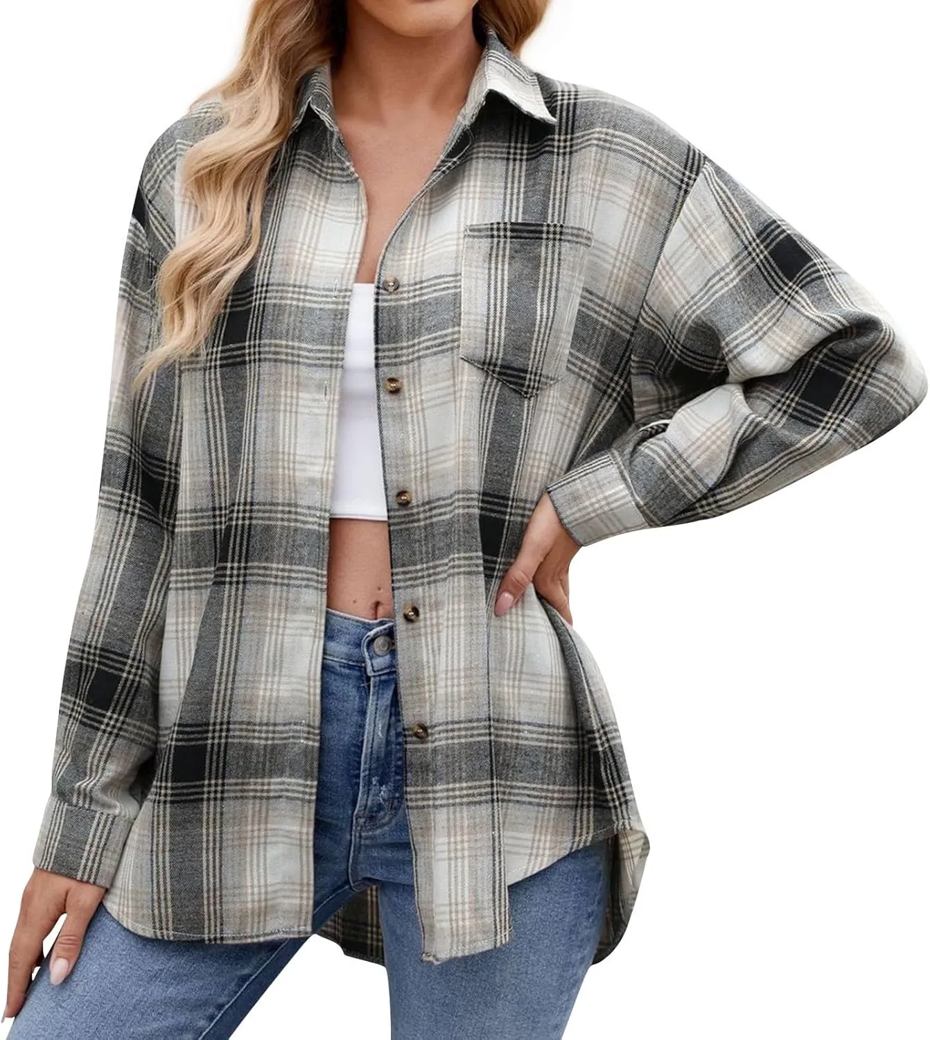 Womens Plaid Shacket Jacket Long Sleeve Button Down Shirts Casual Oversized Blouses With Pocket