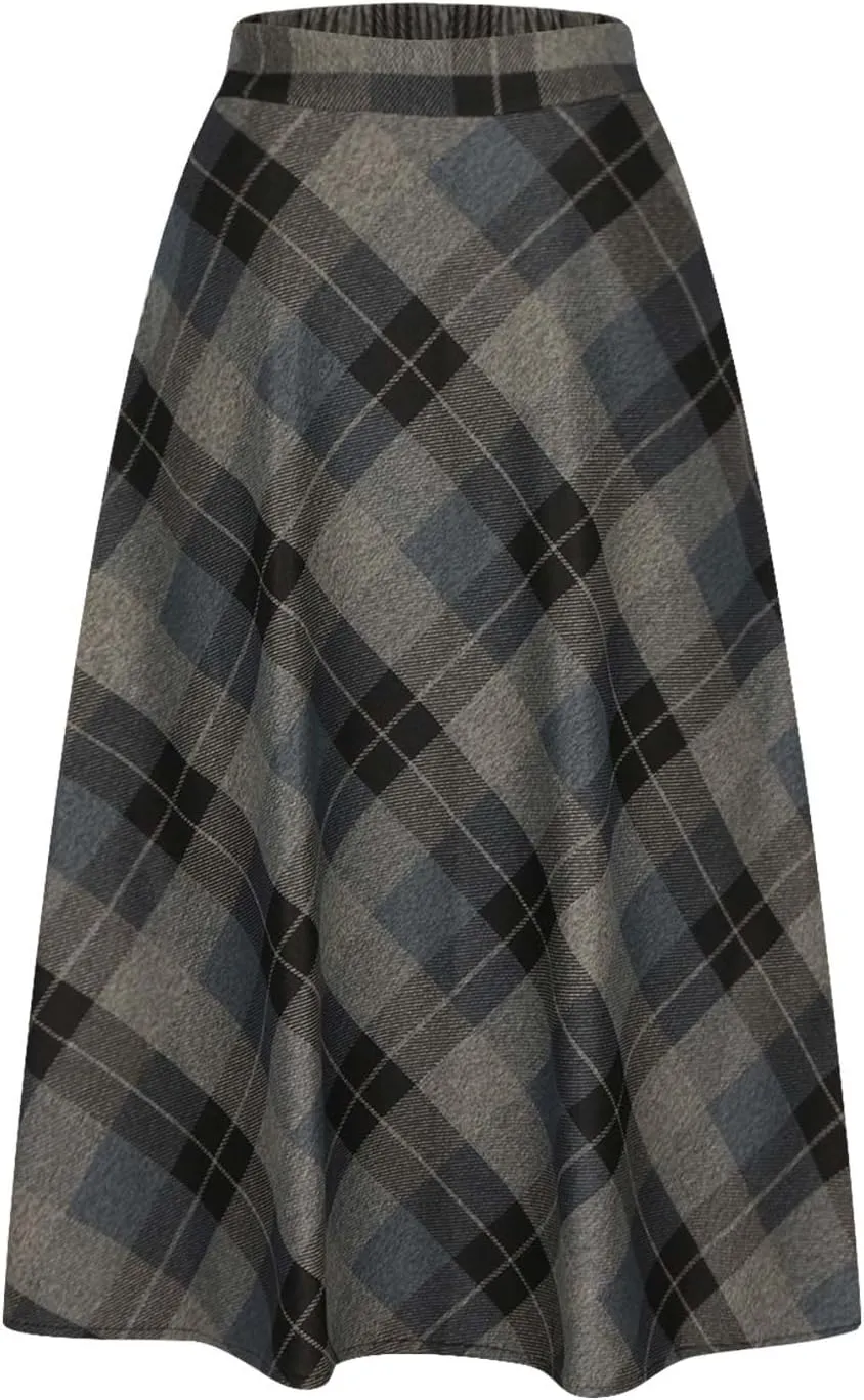 Women's Plaid Skirt 2024 Trendy Elastic Waist Wool Tartan A-Line Pleated Midi Skirts Comfy Winter Warm Long Skirts