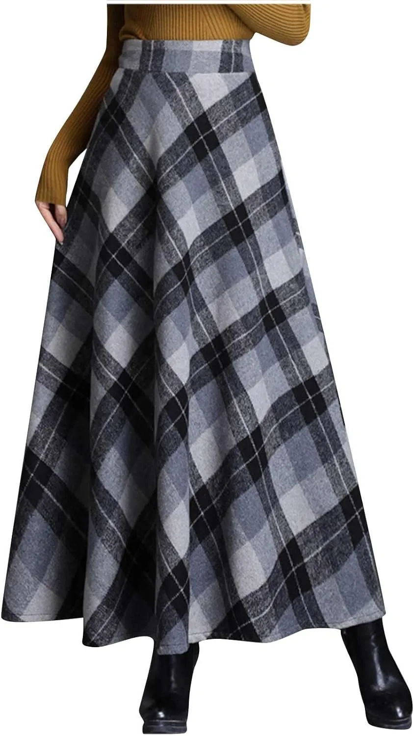 Women's Plaid Skirt Warm Elastic High Waist Wool A-Line Pleated Tartan Winter Long Skirts Casual Flared Midi Skirts