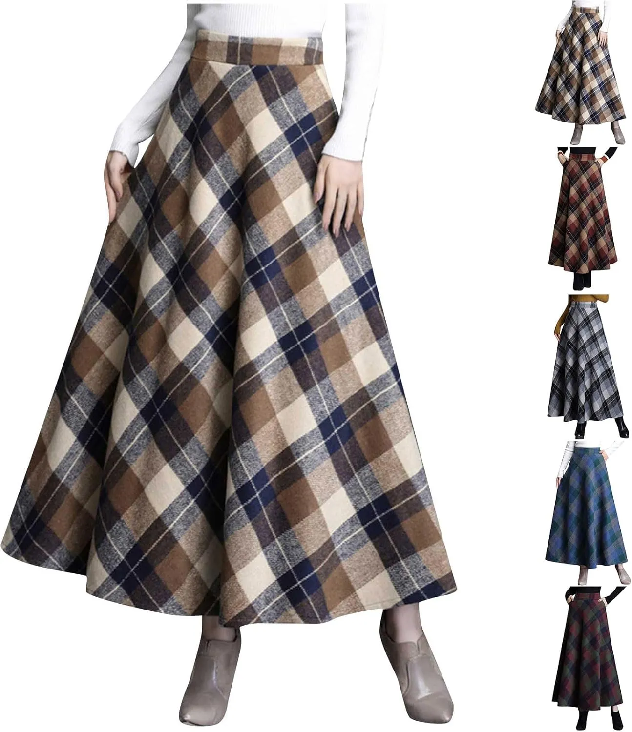 Women's Plaid Skirt Warm Elastic High Waist Wool A-Line Pleated Tartan Winter Long Skirts Casual Flared Midi Skirts