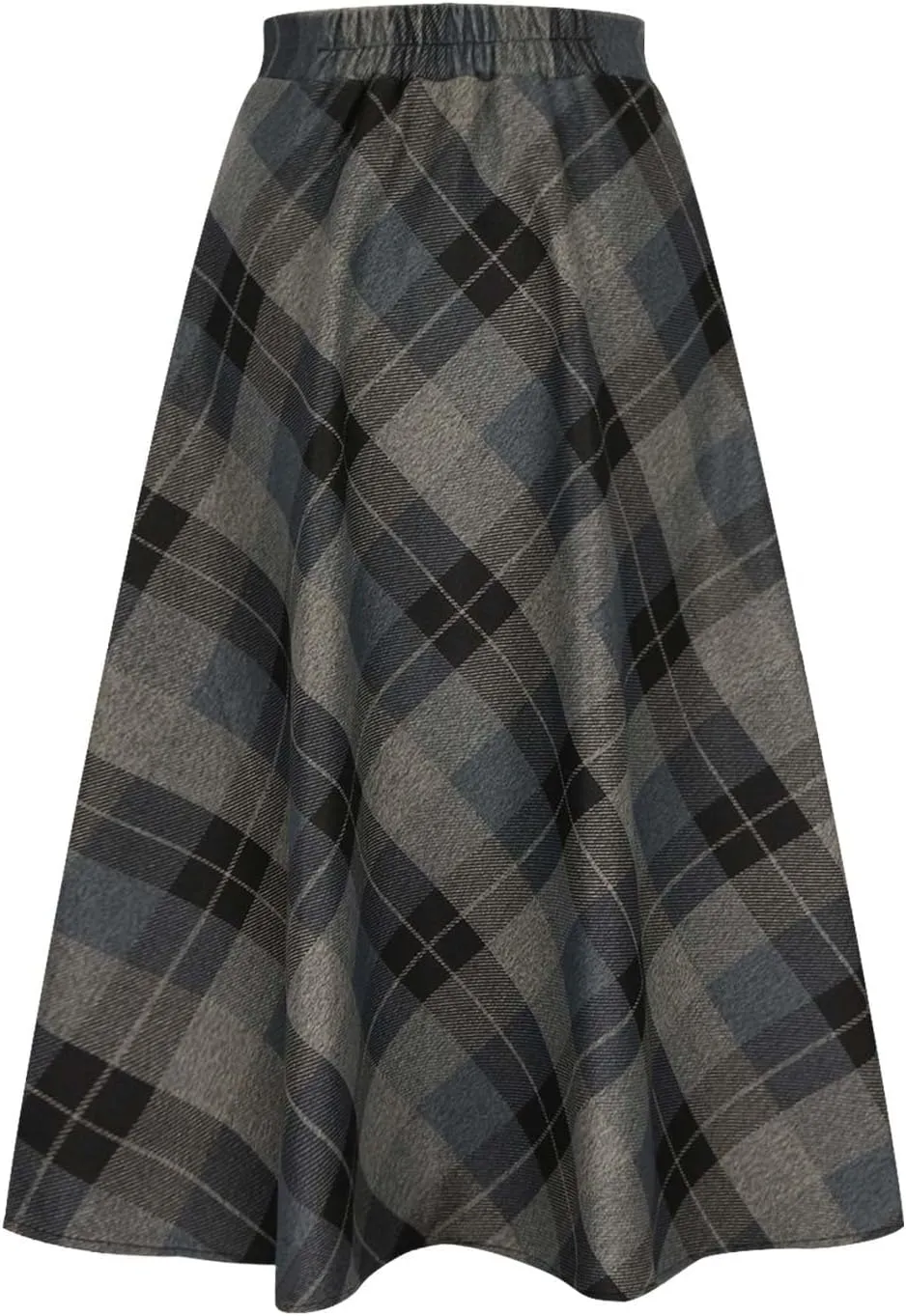 Women's Plaid Skirt Warm Elastic High Waist Wool A-Line Pleated Tartan Winter Long Skirts Casual Flared Midi Skirts