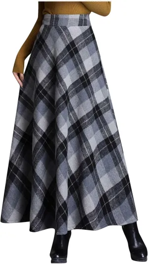 Women's Plaid Skirt Warm Elastic High Waist Wool A-Line Pleated Tartan Winter Long Skirts Casual Flared Midi Skirts