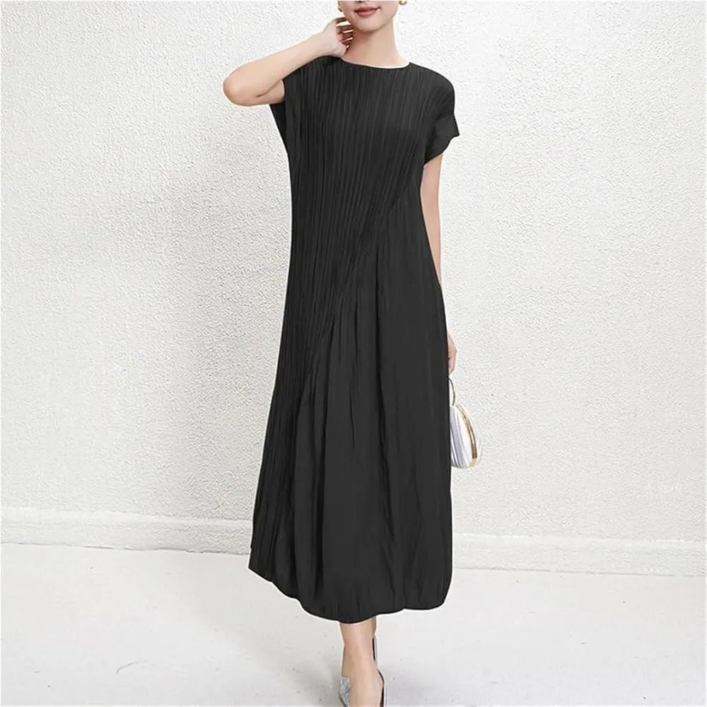Women's Pleated A-Line Solid Dress Round Collar Irregular Short Sleeve Dress