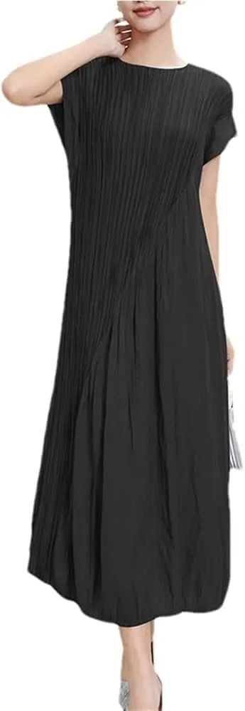 Women's Pleated A-Line Solid Dress Round Collar Irregular Short Sleeve Dress