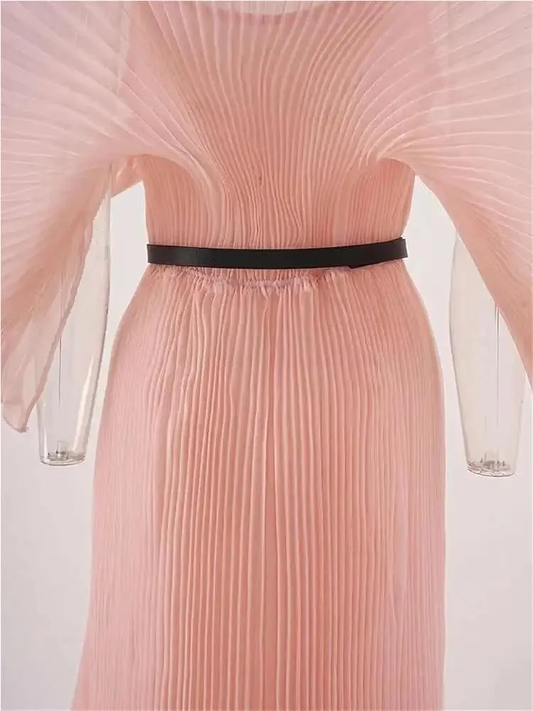 Women's Pleated Evening Dress with Belt Gathered Waist A-Line Long Solid Formal Dress