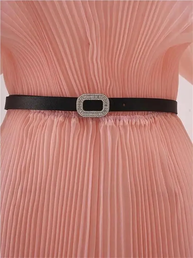 Women's Pleated Evening Dress with Belt Gathered Waist A-Line Long Solid Formal Dress