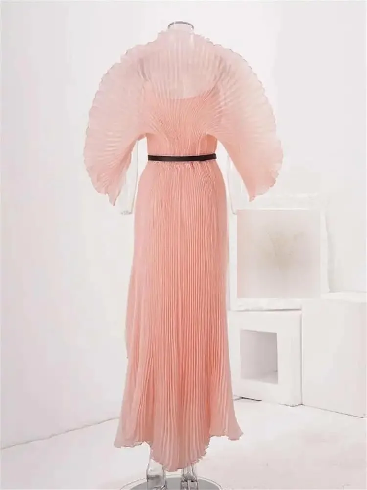 Women's Pleated Evening Dress with Belt Gathered Waist A-Line Long Solid Formal Dress