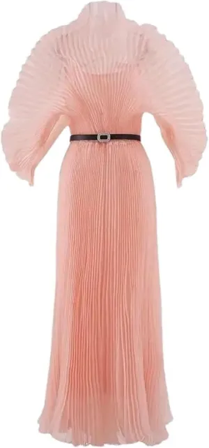 Women's Pleated Evening Dress with Belt Gathered Waist A-Line Long Solid Formal Dress