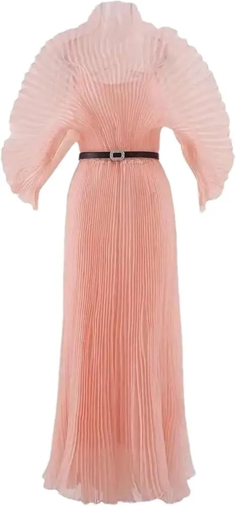 Women's Pleated Evening Dress with Belt Gathered Waist A-Line Long Solid Formal Dress