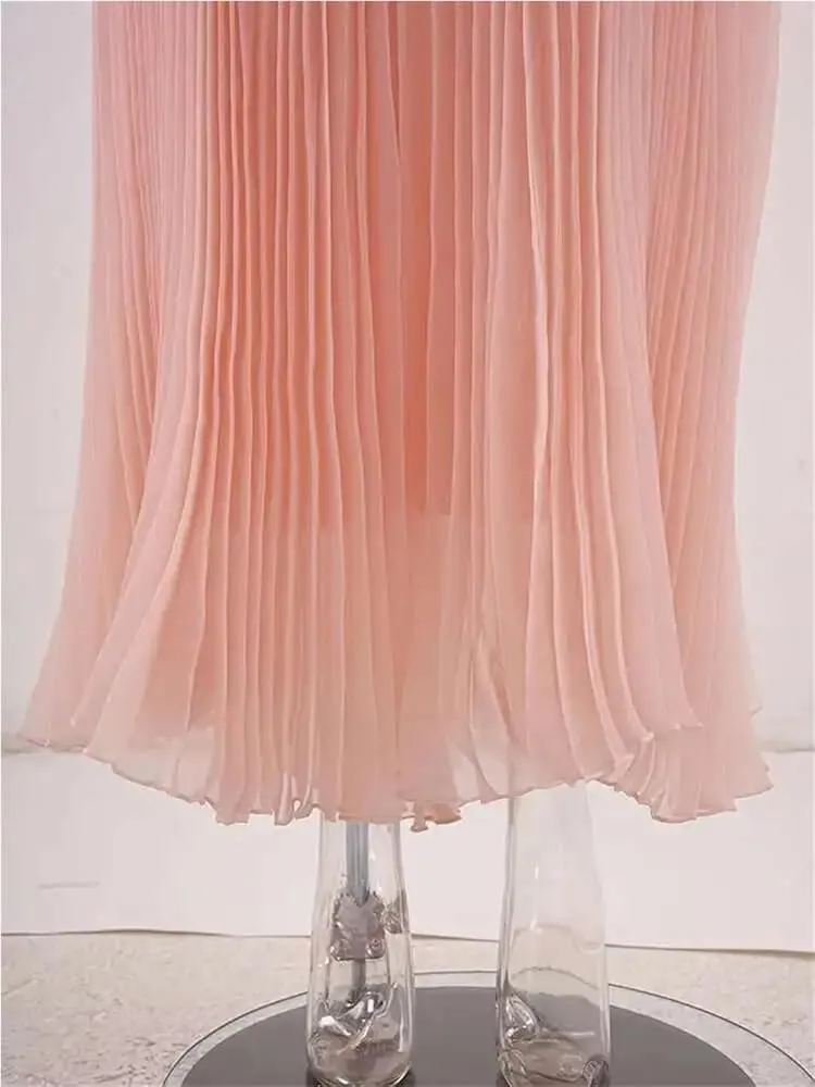 Women's Pleated Evening Dress with Belt Gathered Waist A-Line Long Solid Formal Dress