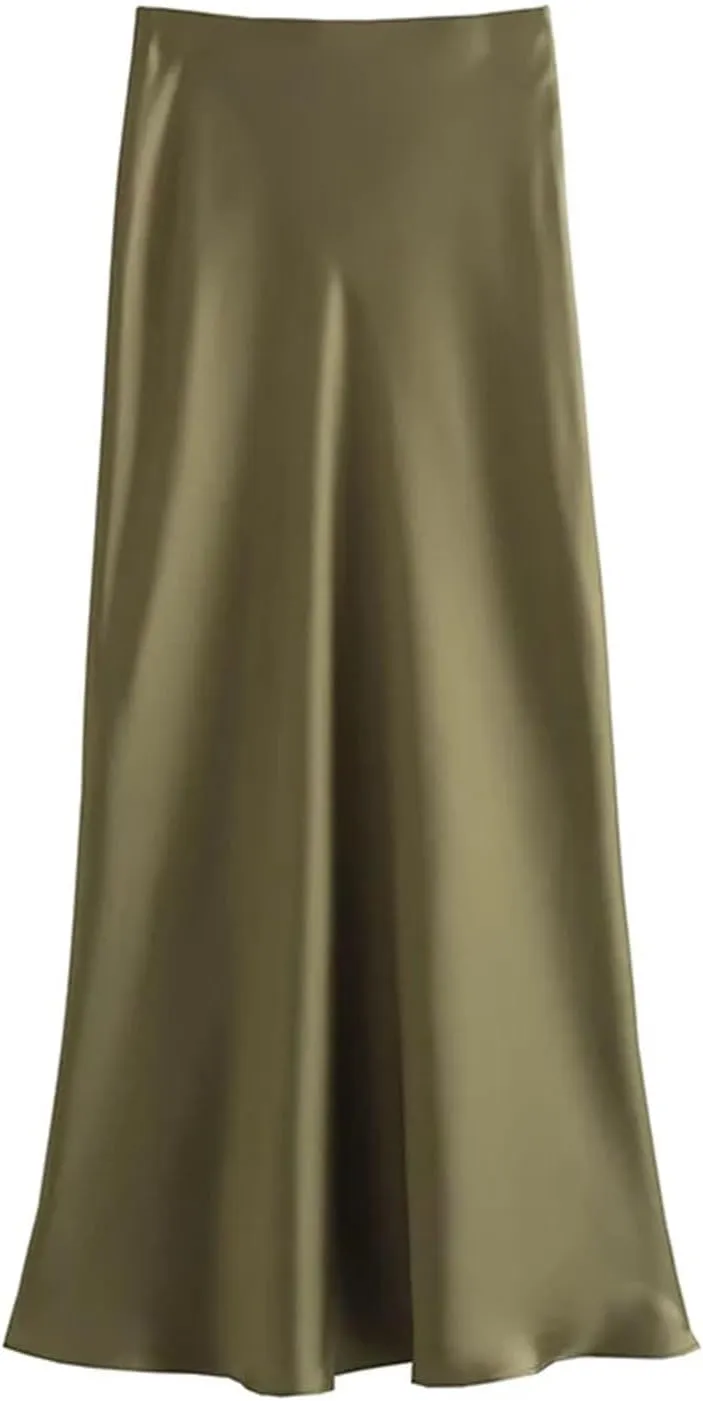 WomenS Pleated Midi Satin Skirt - Vintage Mid Elastic Waist Skirts A-Line Midi Skirts for Party Wedding