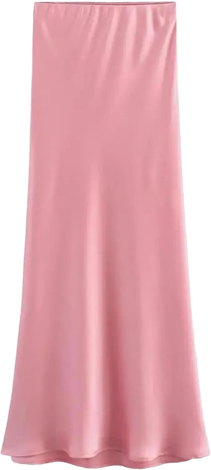WomenS Pleated Midi Satin Skirt - Vintage Mid Elastic Waist Skirts A-Line Midi Skirts for Party Wedding