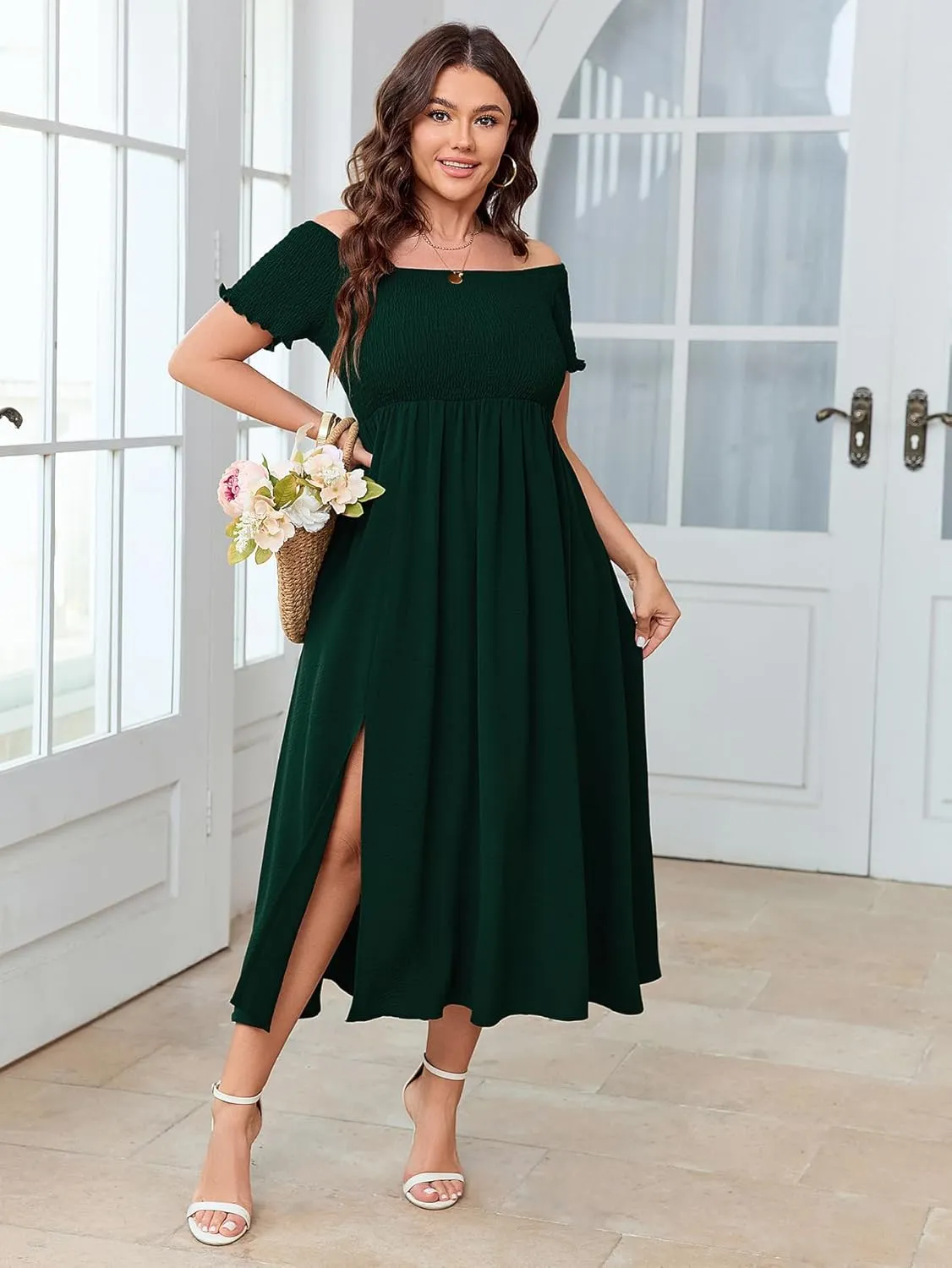Women's Plus Size Off Shoulder Dress Short Sleeve Split A Line Flowy Midi Dress