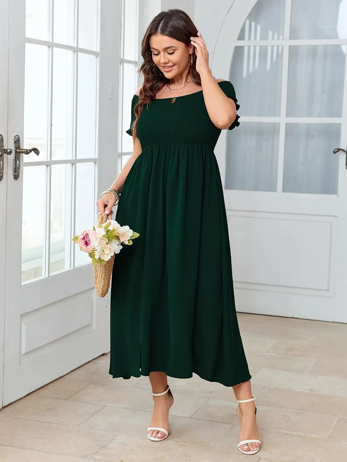 Women's Plus Size Off Shoulder Dress Short Sleeve Split A Line Flowy Midi Dress