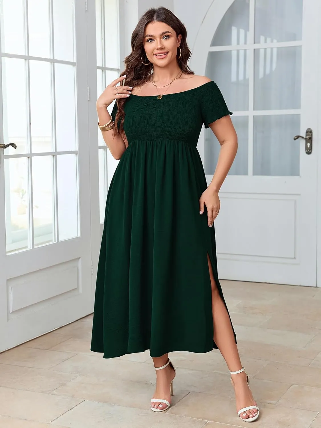 Women's Plus Size Off Shoulder Dress Short Sleeve Split A Line Flowy Midi Dress