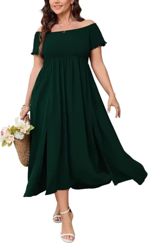 Women's Plus Size Off Shoulder Dress Short Sleeve Split A Line Flowy Midi Dress