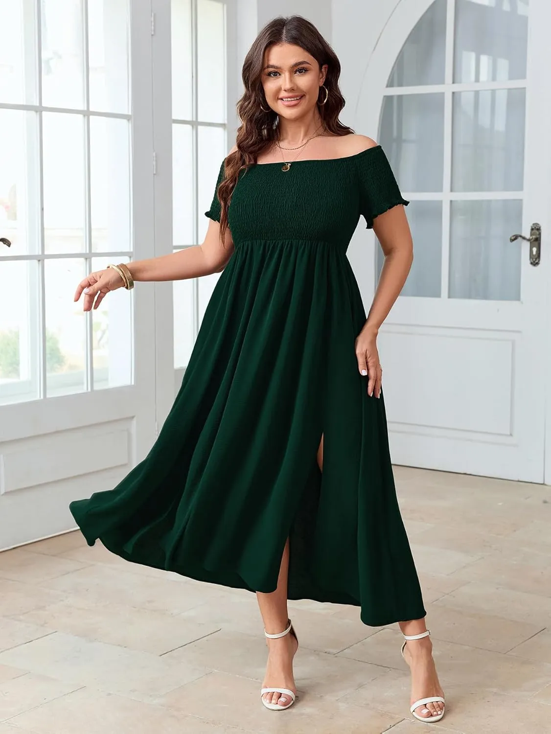 Women's Plus Size Off Shoulder Dress Short Sleeve Split A Line Flowy Midi Dress