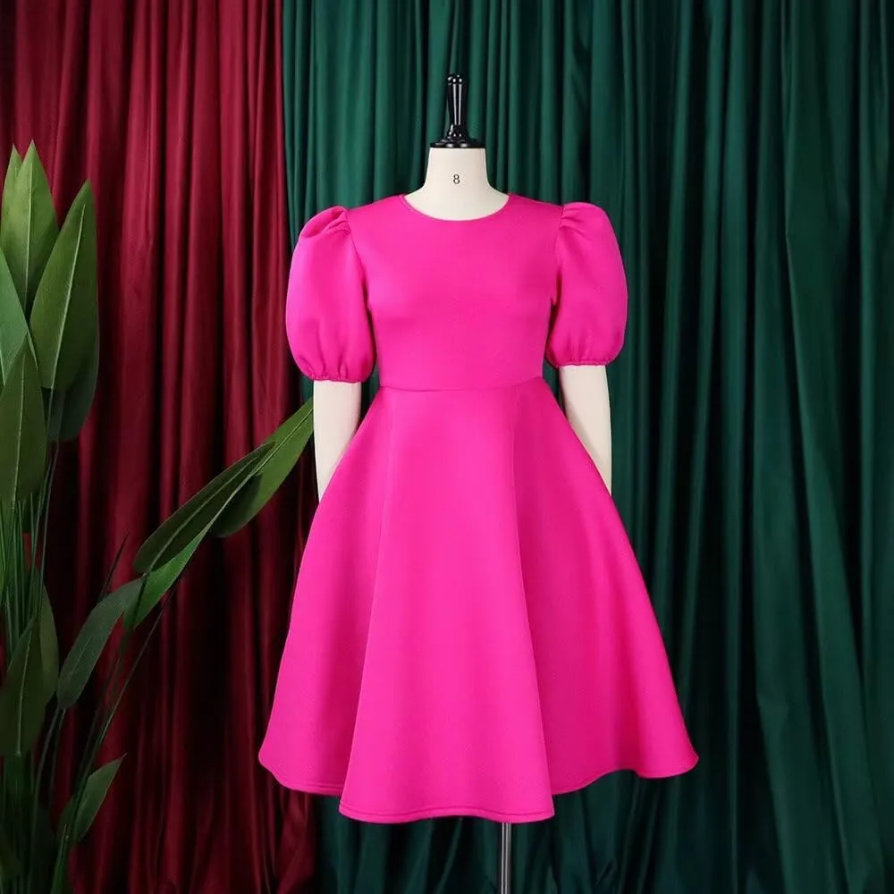 Womens Plus Size Stretchy A Line Summer Dresses Sweetheart Neck Puff Short Sleeve Tie Swing A Line Midi Dress