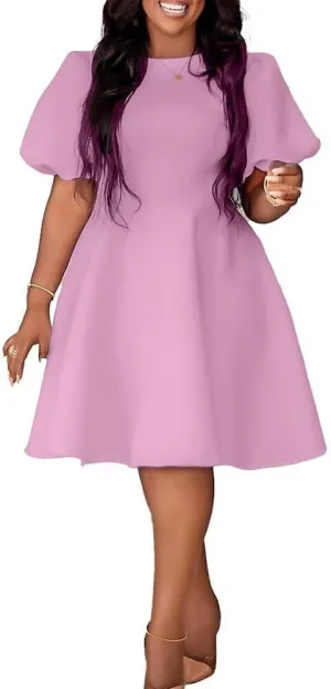 Womens Plus Size Stretchy A Line Summer Dresses Sweetheart Neck Puff Short Sleeve Tie Swing A Line Midi Dress