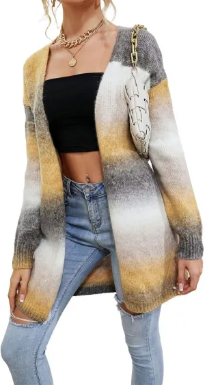 Women's Rainbow Long Knit Cardigan Drop Shoulder Long Sleeve Plus Size Colorful Sweater