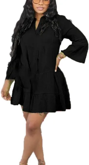 Womens Ruffle Hem Babydoll Mini Dress Bell Long Sleeve A-Line Tiered Mini Dress