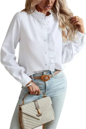 Women's Ruffle Trim Button Up Long Sleeve Blouse Top Striped Stand Collar Elegant Work Shirt