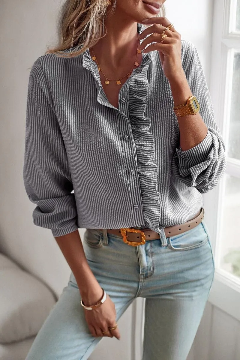 Women's Ruffle Trim Button Up Long Sleeve Blouse Top Striped Stand Collar Elegant Work Shirt