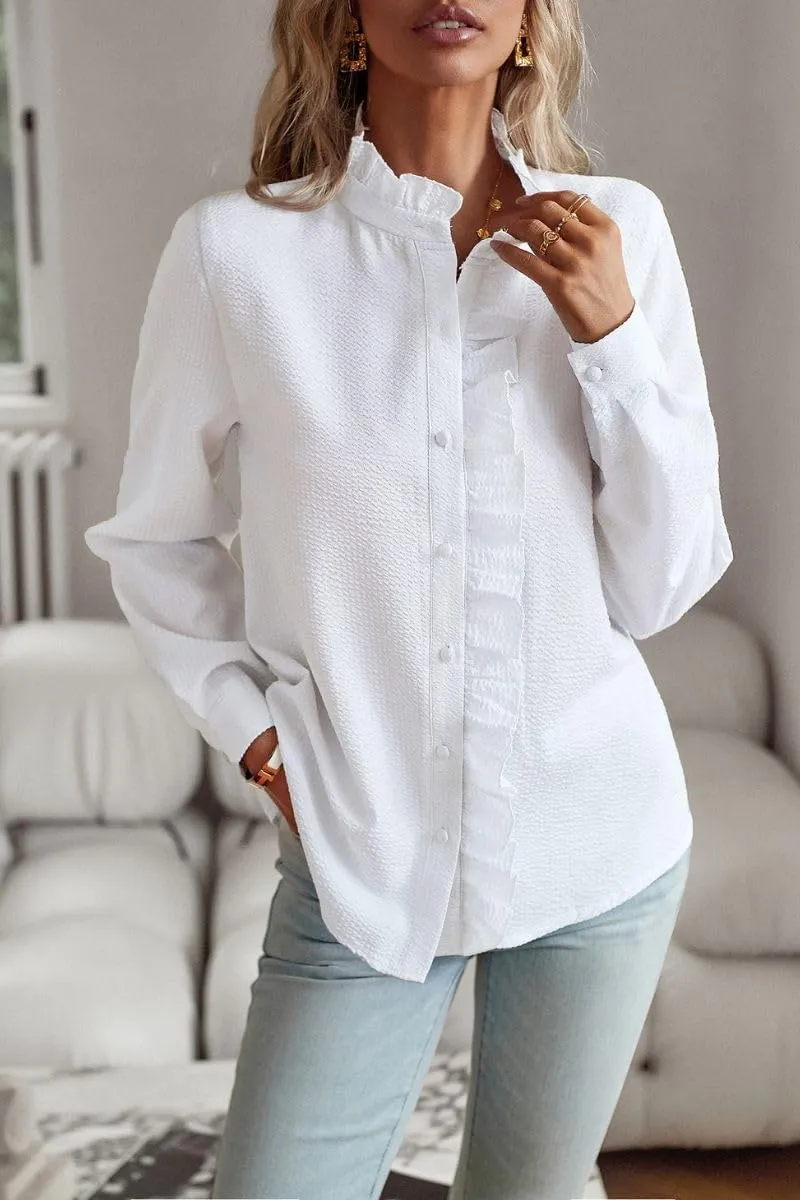Women's Ruffle Trim Button Up Long Sleeve Blouse Top Striped Stand Collar Elegant Work Shirt